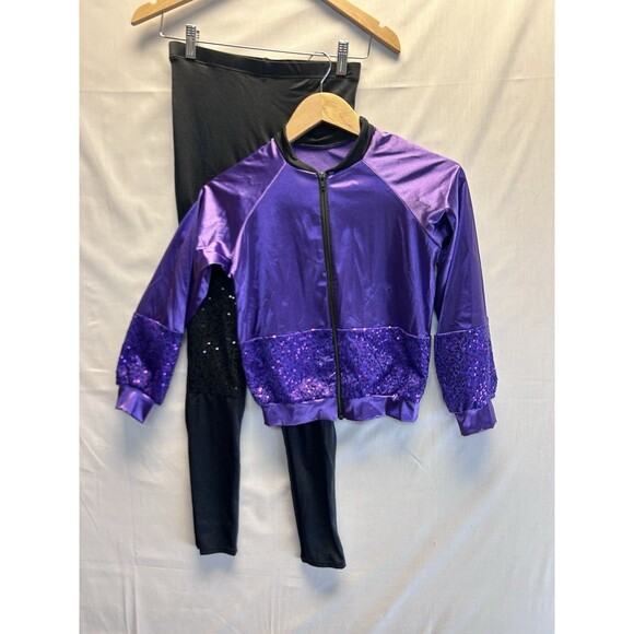 Weissman Dance Costume Purple Sequin Bomber Jacket Black Leggings Hip Hop C Lg - Picture 1 of 12